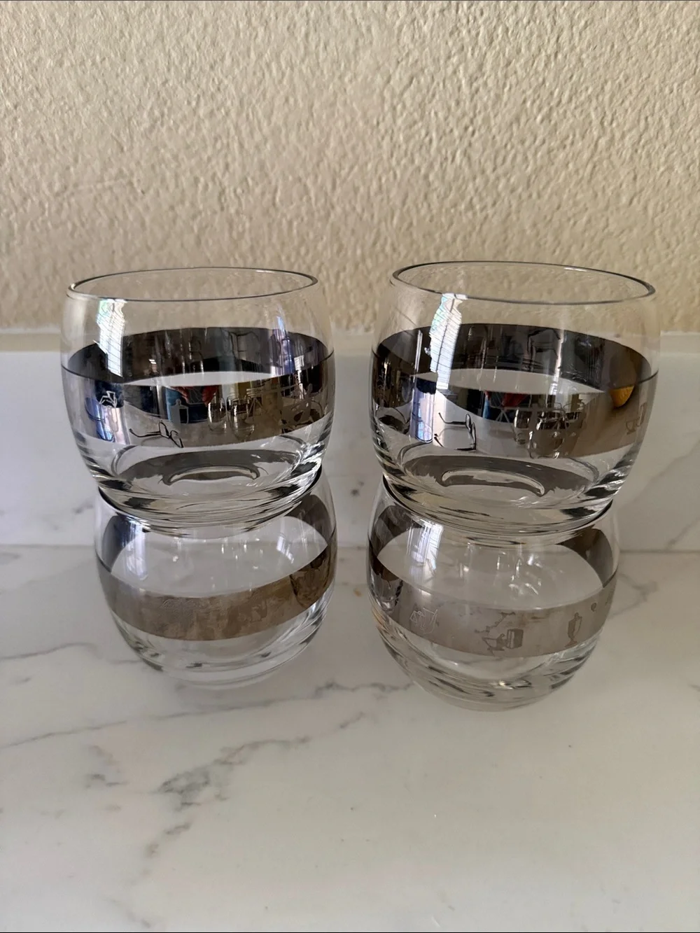 Mid Century Modern Roly Poly Glasses Silver Band with Apothecary Design Set of 4